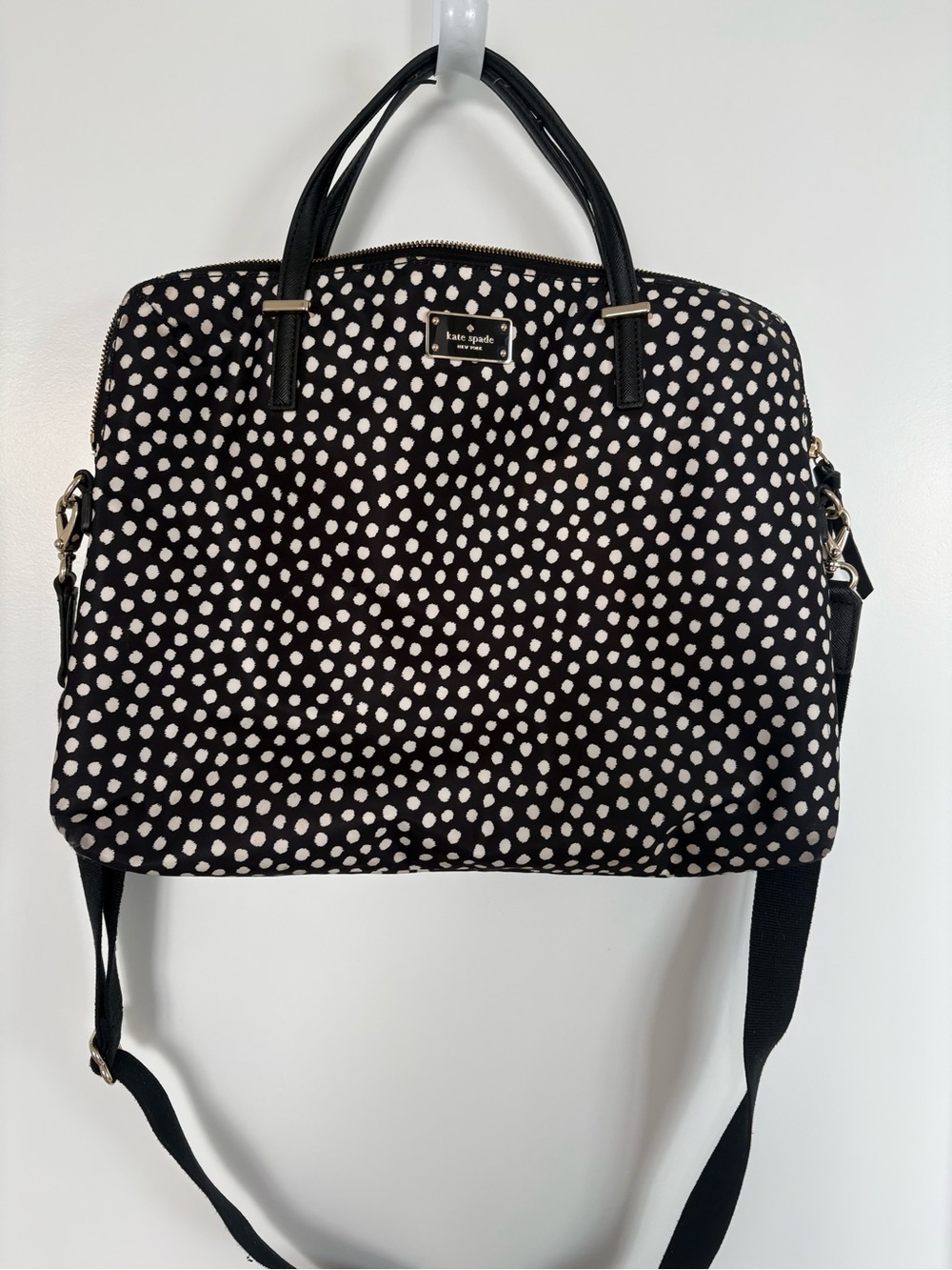 Kate Spade Spot Nylon Calista Laptop Bag, style WKRU1612, black/cream polka dot